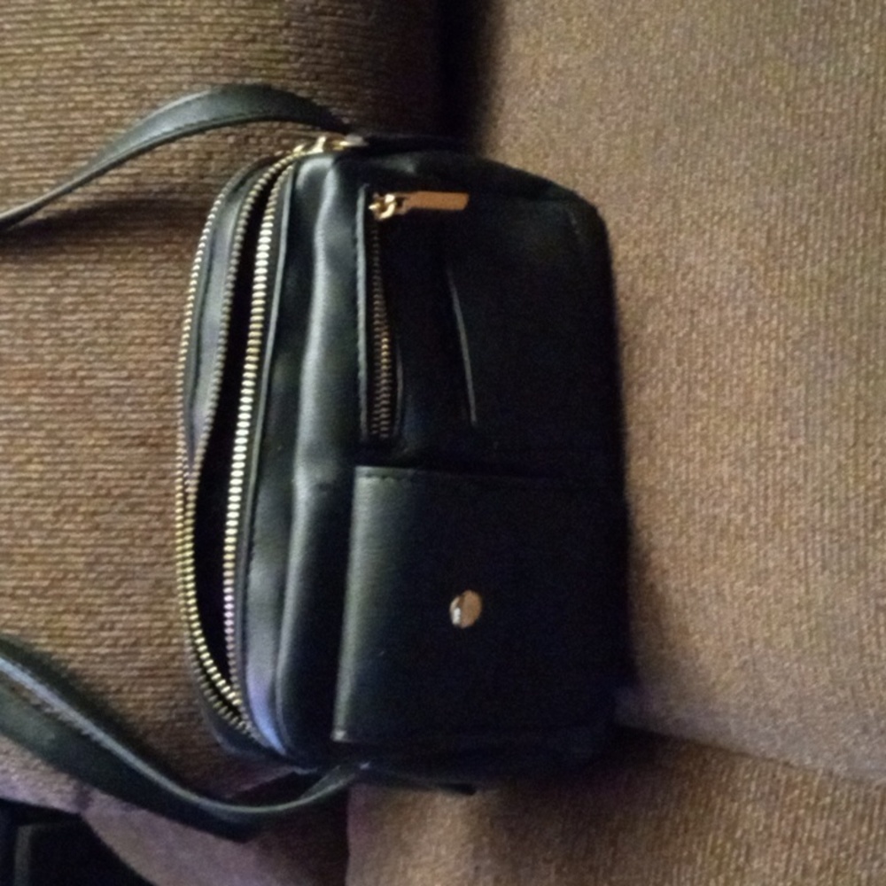 Black purse with 4 pockets including 2 change pockets, has 2 rips inside purse